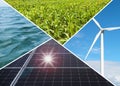 Collage with photos of water, field, solar panels and wind turbine. Alternative energy source Royalty Free Stock Photo