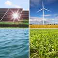 Collage with photos of water, field, solar panels and wind turbine. Alternative energy source Royalty Free Stock Photo