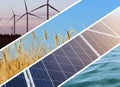 Collage with photos of water, field, solar panels and wind turbines. Alternative energy source Royalty Free Stock Photo