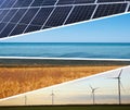 Collage with photos of water, field, solar panels and wind turbines. Alternative energy source Royalty Free Stock Photo