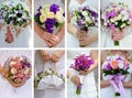 Collage photos from wedding bouquets in hands of bride