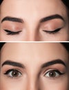 Collage with photos of woman with black eyeliner, closeup view of closed and open eyes