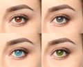 Collage with photos of woman wearing different color contact lenses, closeup Royalty Free Stock Photo