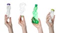Collage with photos of women holding plastic bottles on white background, closeup Royalty Free Stock Photo