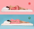 Collage with photos of women lying on mattress. Wrong and correct sleeping posture. Choose right mattress Royalty Free Stock Photo