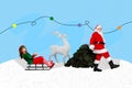 Collage picture of aged santa walk hold newyear tree excited carefree little elf girl ride sledge isolated on festive Royalty Free Stock Photo