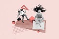 Collage picture of black white colors excited girl read book bell ring clock instead body man hold triangular isolated