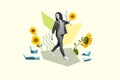 Collage picture of black white colors friendly girl walk arm wave hi melting ice growing sunflowers isolated on creative