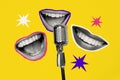 Collage picture of black white colors girls mouth beaming smile sing microphone stars isolated on yellow background Royalty Free Stock Photo