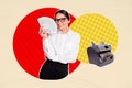 Collage picture of cheerful elegant girl hold dollar bills automatic cash count machine isolated on beige background Royalty Free Stock Photo