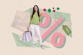 Collage picture of cheerful girl hold boutique bags use smart phone limited time proposition isolated on creative Royalty Free Stock Photo