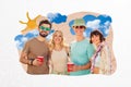 Collage picture of cheerful peaceful people hold plastic drink cup plasticine sun clouds sky isolated on paper white Royalty Free Stock Photo