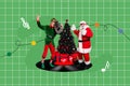 Collage picture of cool overjoyed elf guy santa claus stand big vinyl record dance singing listen boombox music Royalty Free Stock Photo