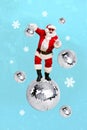 Collage picture of funky saint nicholas wearing sunglasses rock roll music lover dancing on disco ball party isolated on Royalty Free Stock Photo