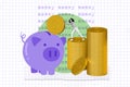 Collage picture illustration black white filter miniature happy excited young lady hold coin money cash purple piggy