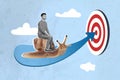 Collage picture illustration image monochrome effect serious funny young man ride snail growth up arrow goal creative