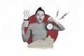 Collage picture image illustration poster of sleepy lady waking up going work drinking fresh hot espresso isolated on