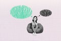 Collage picture of minded black white colors girl sit beanbag outed lips think painted bubble isolated on checkered