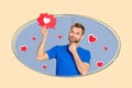 Collage picture of minded positive guy hand touch chin look hold like heart bubble on beige background