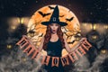 Collage picture of mystery witch girl hands hold halloween letter flags dark atmosphere steam moonlight