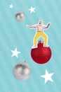 Collage picture of overjoyed senior man wear painted yellow trousers dancing on big xmas tree sphere toy enjoy shopping