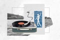 Collage picture of painted paper page mini girl dancing big vinyl record player water seaside buildings isolated on Royalty Free Stock Photo