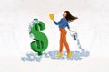 Collage picture of positive girl hold soap water bucket sponge cleaning big dollar money symbol isolated on white paper