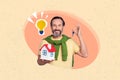 Collage picture of positive man arms hold showing little house key light bulb bright idea isolated on drawing background Royalty Free Stock Photo