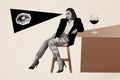 Collage picture sitting young beautiful girl suit formalwear drinking alcohol glass wine bar pub espionage spy eye face