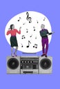 Collage picture of two cheerful small aged people black white gamma stand dancing huge boom box isolated on painted