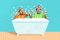 Collage picture of two happy smiling kids sit foam bath book head hands hold rubber duck isolated on drawing background