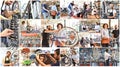 collage with pictures in bicycle shop: sale and repair - after-sales service and customers and sellers