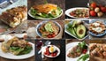 Collage of pictures of different kinds of food on plates. The plates come in all different shapes and sizes and the food is