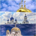 Collage pictures of gold cupola of Russian orthodox churches