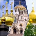 Collage pictures of golden cupola of Russian orthodox churches