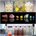 Collage pictures on scientific development of drugs, pills and vitamins