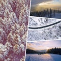 Collage of pictures on the theme of winter. Landscape from above. Travel background