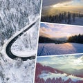 Collage of pictures on the theme of winter. Landscape from above. Travel background