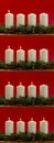 Collage of 4 pictures. White christmas candles on red background, Advent