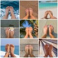 Collage of pictures of woman`s bare feet on the beach. Royalty Free Stock Photo