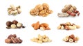 Collage with piles of different nuts on white background. Source of nutrients