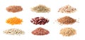 Collage with piles of legumes, rice, cereals and linseeds on white background