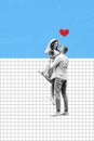 Collage pinup pop image of carefree happy couple dancing having fun celebrating valentine day isolated plaid blue color