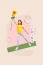 Collage pinup pop retro image of smiling happy little girl rising sunflower isolated pink beige color background Royalty Free Stock Photo