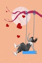 Collage pinup pop retro sketch of funny positive female swinging tree branch dating concept valentine day fantasy