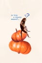 Collage pinup pop retro sketch image of questioned monkey asking halloween season come isolated beige color background