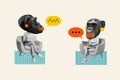 Collage pinup sketch of funny funky chimp heads ladies communicating modern devices isolated beige color background