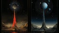 A collage of planets and mountains