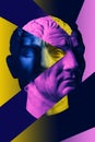Collage with plaster antique sculpture of human face in a pop art style. Creative concept colorful neon image with