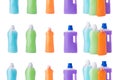 Collage of plastic bottles of various shapes and colors for detergents isolated on white